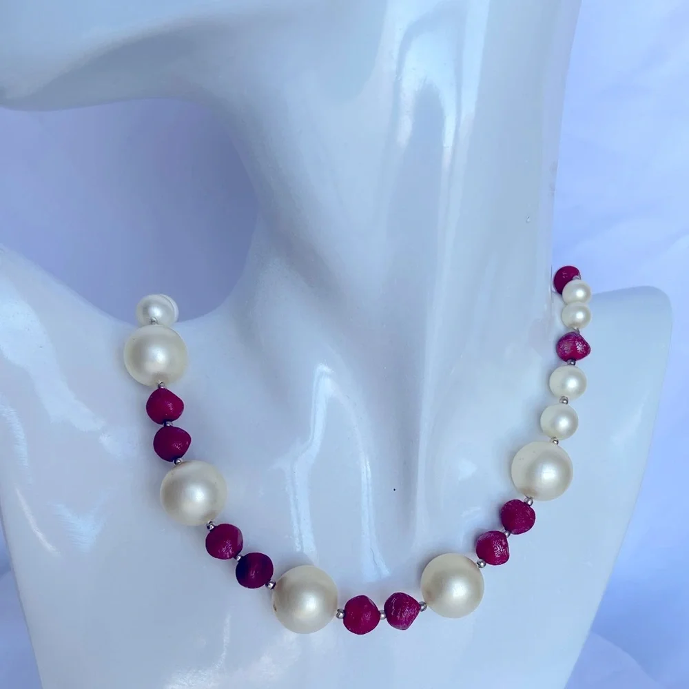Vintage 1950’s Necklace Faux Pearl & Cranberry Colored Beads